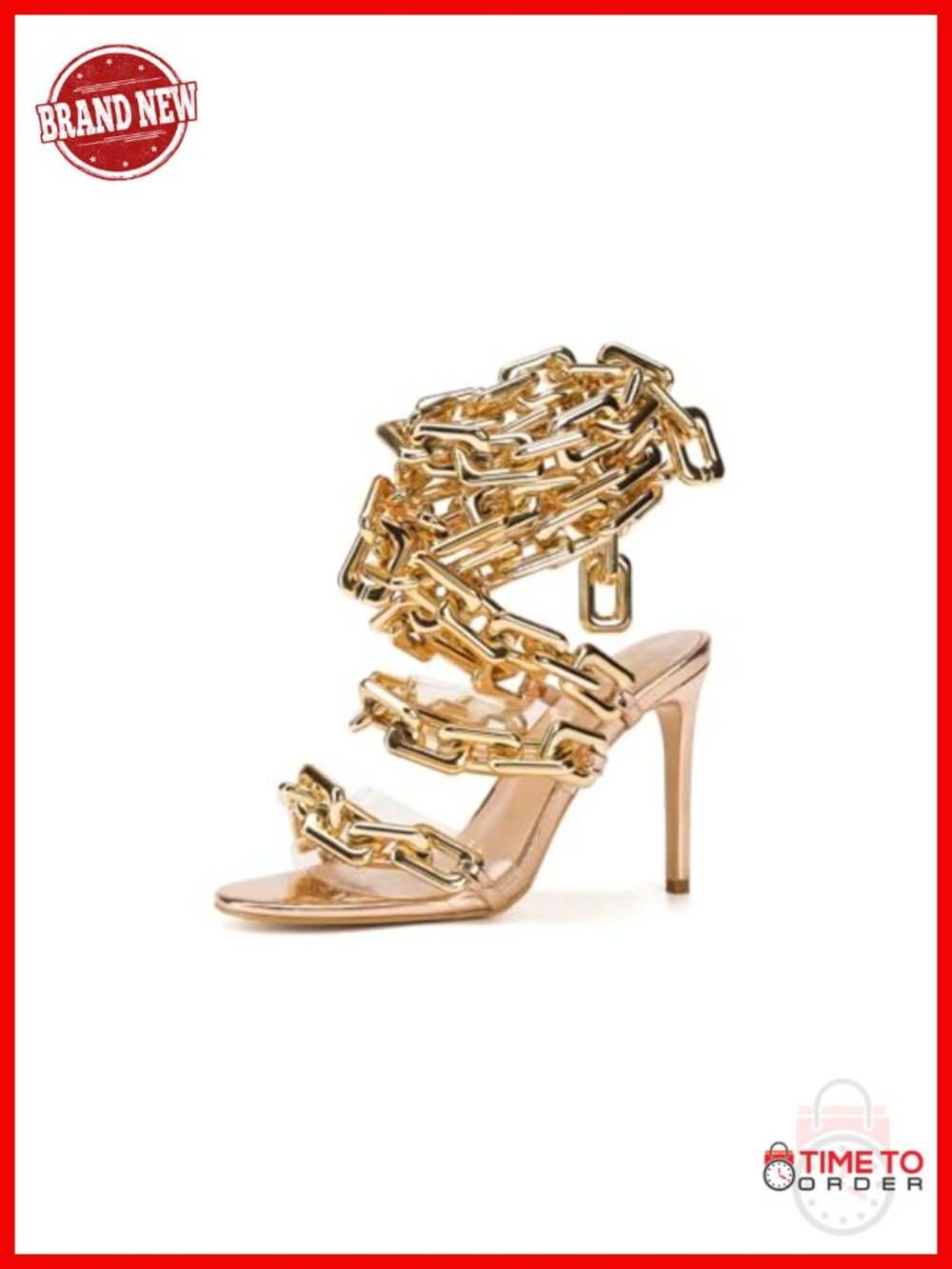Lace Up Clear PVC Strappy Stiletto Heeled Sandals with Gold Link Chain